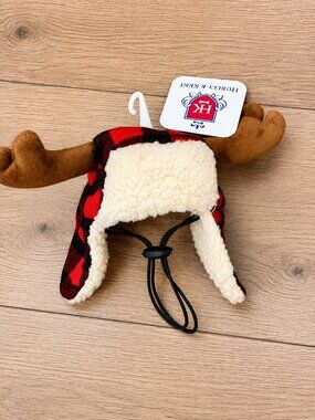 Huxley & Kent Buffalo Check Antler Hat - Holiday Dog Hat - sz small, NWT